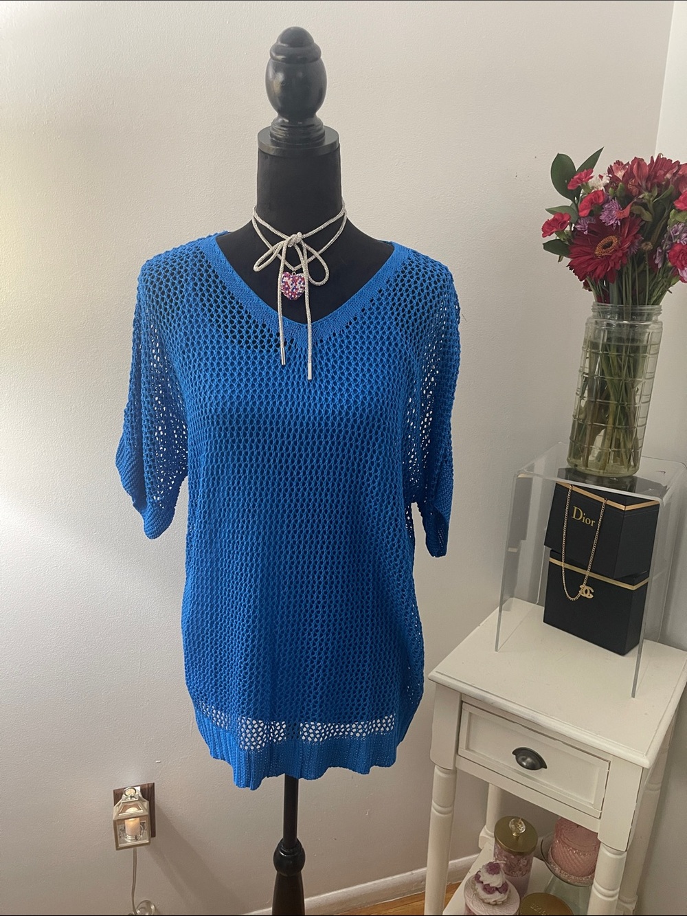 Blue Open-Knit V-Neck Women's Top